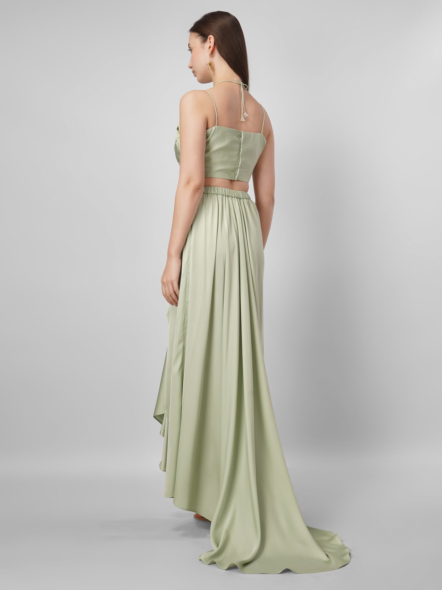 Sage Green Satin Draped Skirt Set with Embellished Halter Top