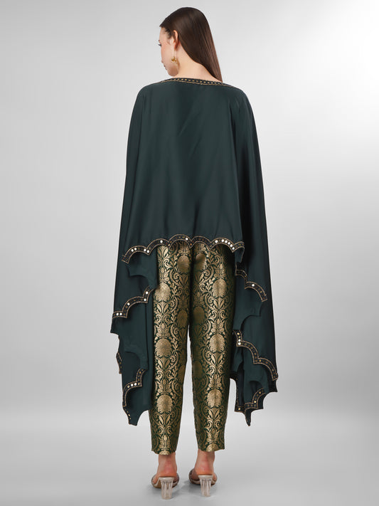 Emerald Green Cape Top with Brocade Pants Set