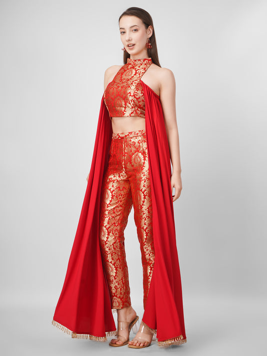 Red Brocade Halter Top & Pant Set with Draped Cape
