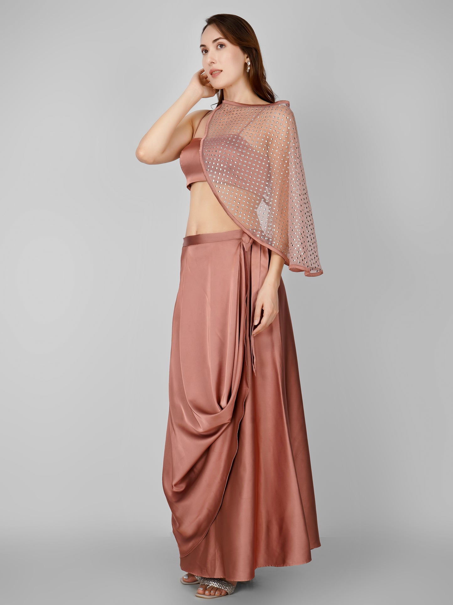 Blush Satin Draped Skirt & Top Set
