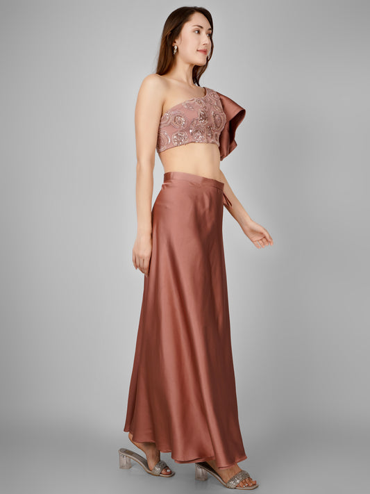 Rose Pink Satin Wrap Skirt with Embellished One-Shoulder Top