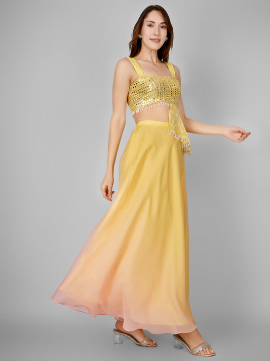 Lemon Yellow Flared Skirt with Embellished Crop Top