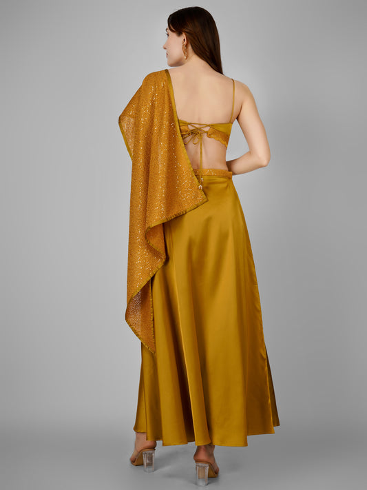 Golden Mustard Satin Skirt & Crop Top Set with Sequin Drape