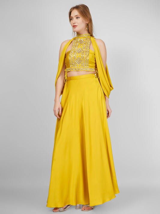 Mustard Yellow Skirt Set with Embellished Halter Neck Top