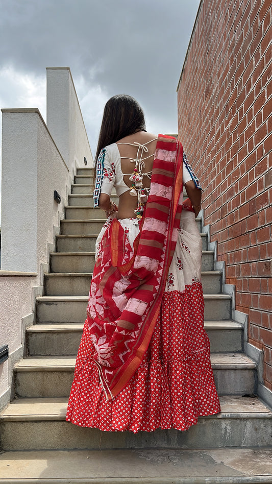 Ivory & Red Printed Lehenga Set with Patchwork Blouse