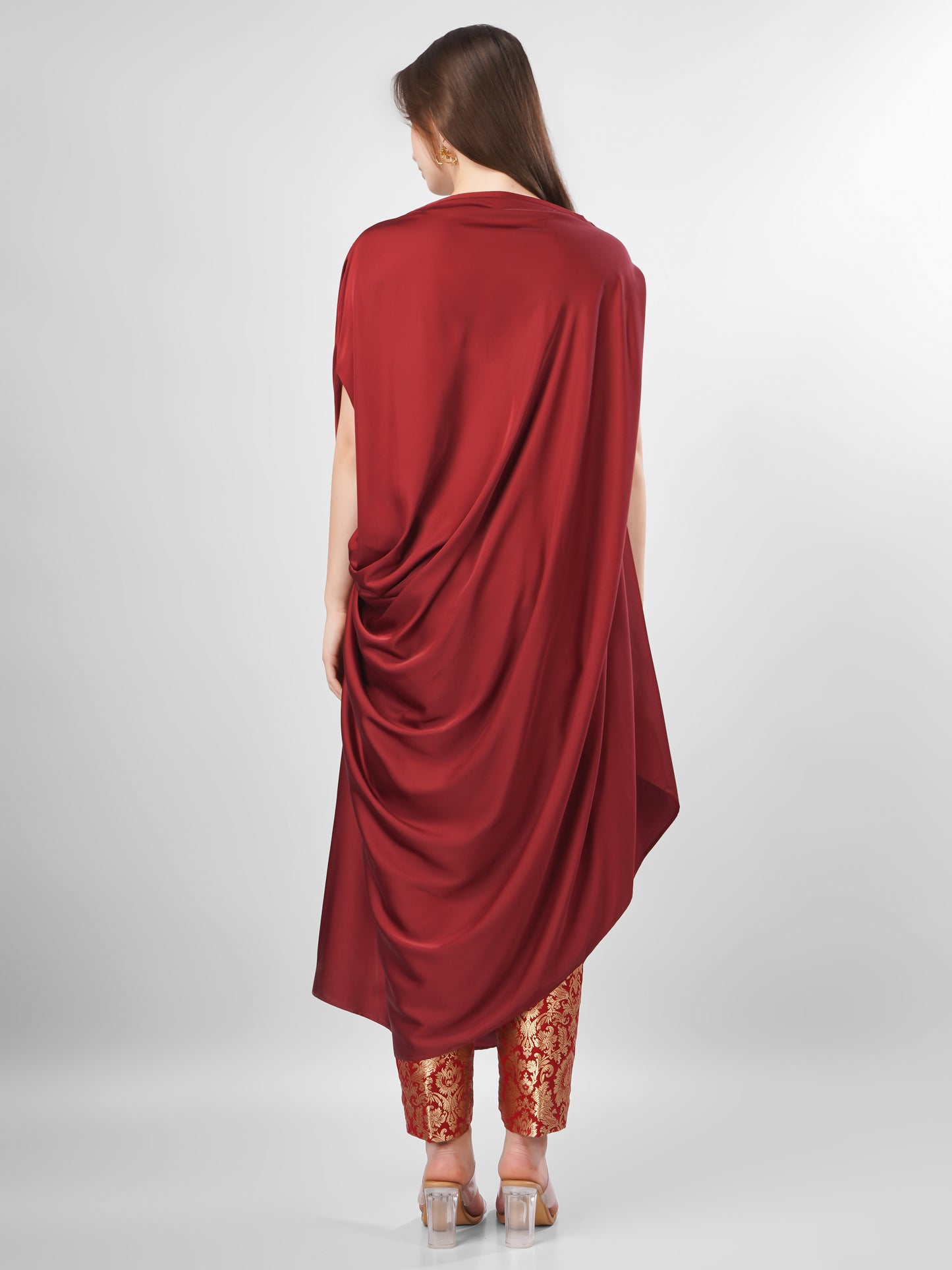 Wine Satin Draped Kurta Set with Brocade Pants