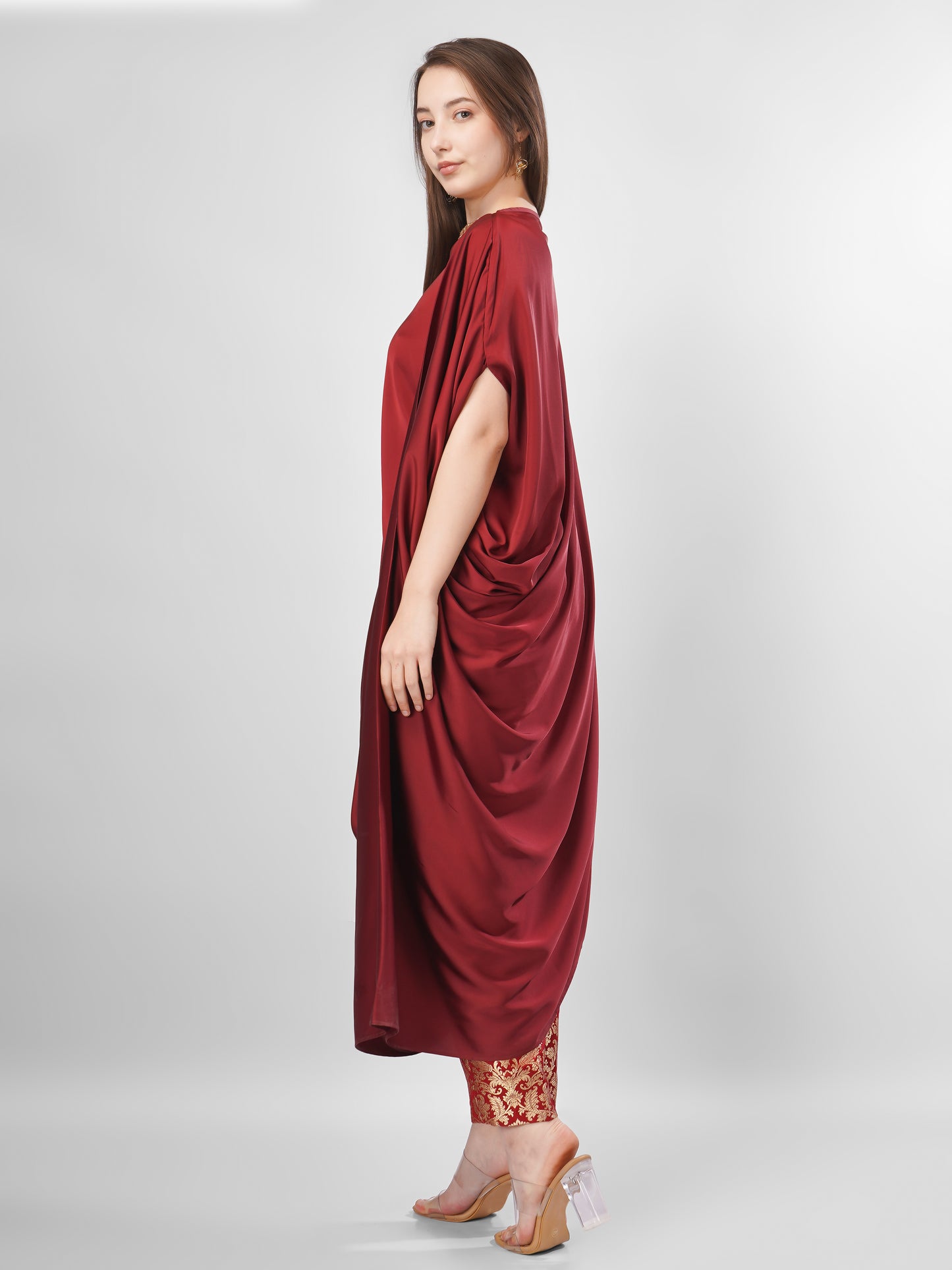Wine Satin Draped Kurta Set with Brocade Pants