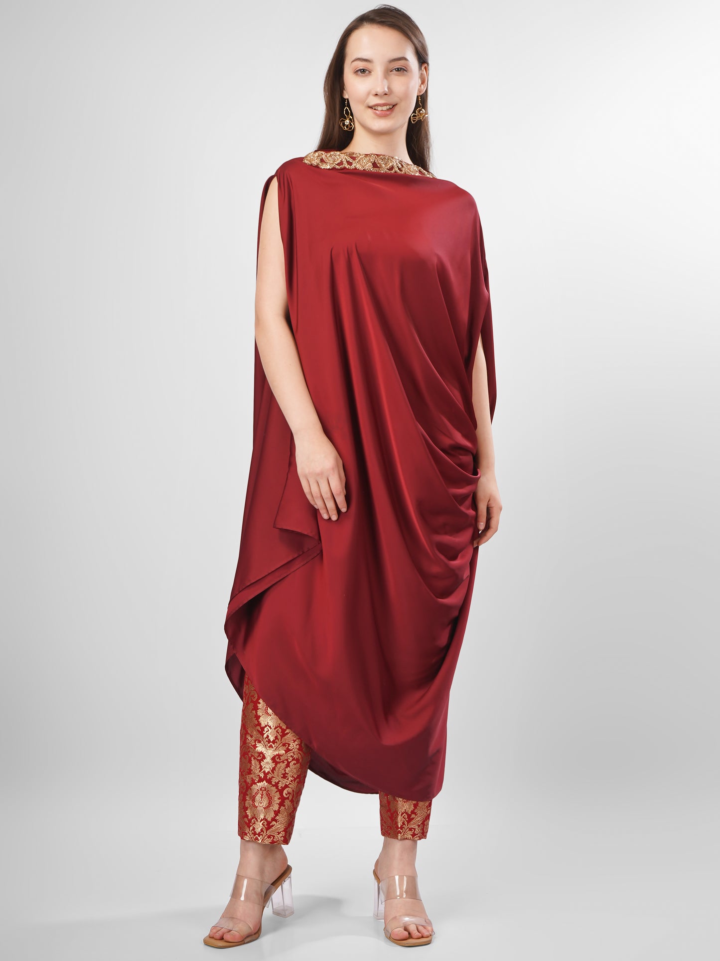 Wine Satin Draped Kurta Set with Brocade Pants