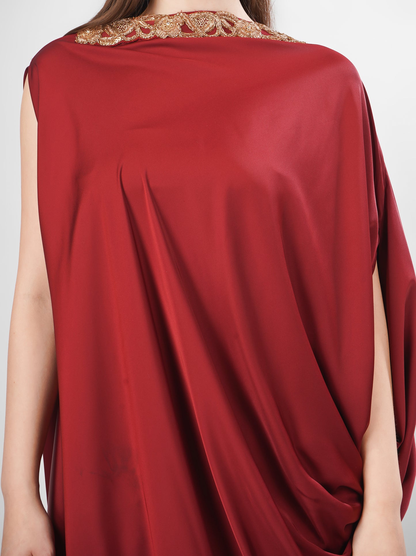 Wine Satin Draped Kurta Set with Brocade Pants