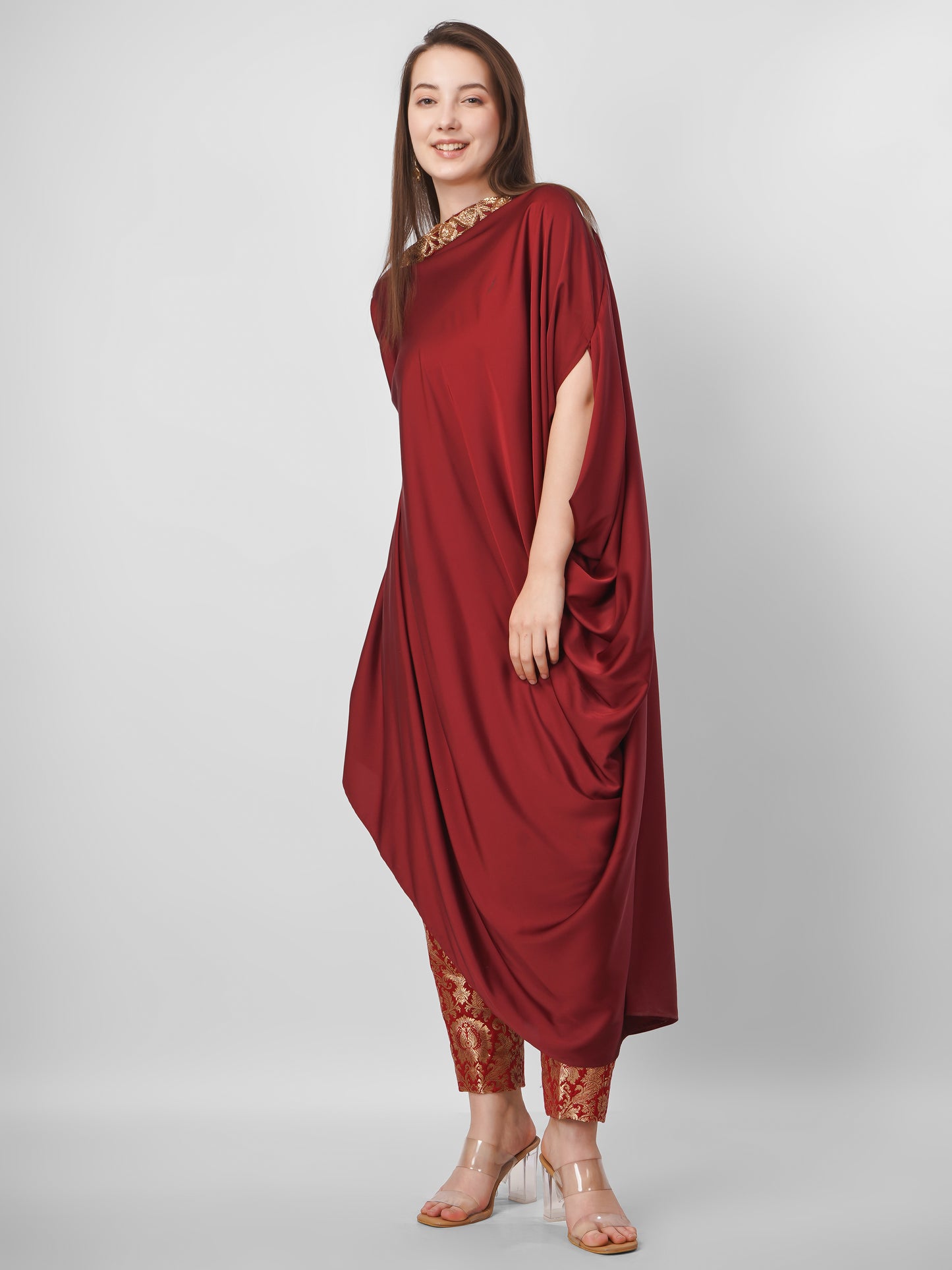 Wine Satin Draped Kurta Set with Brocade Pants
