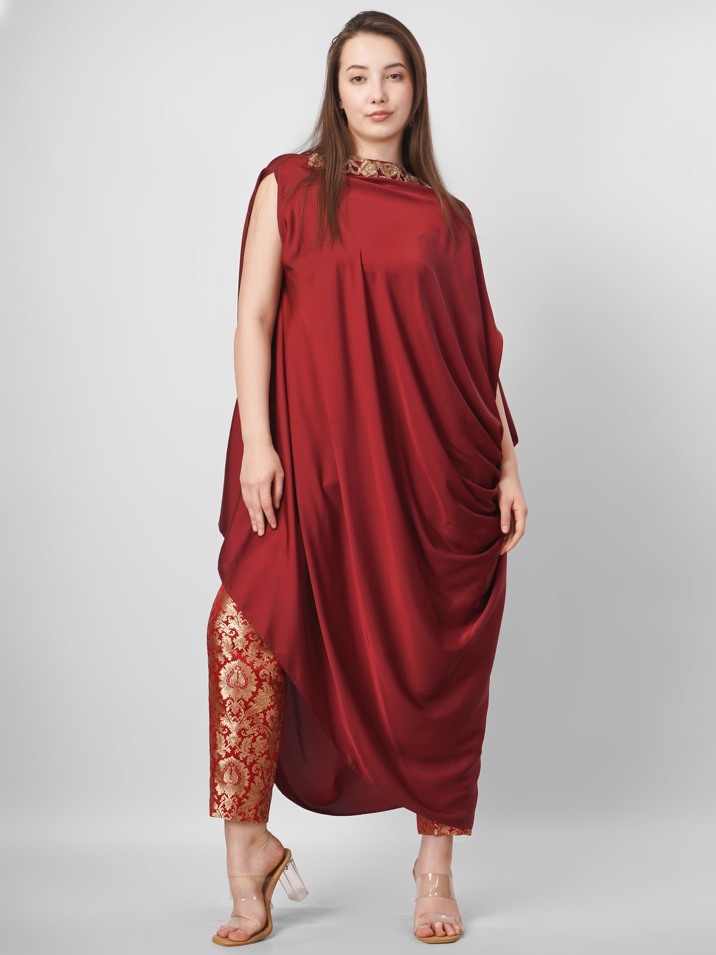 Wine Satin Draped Kurta Set with Brocade Pants