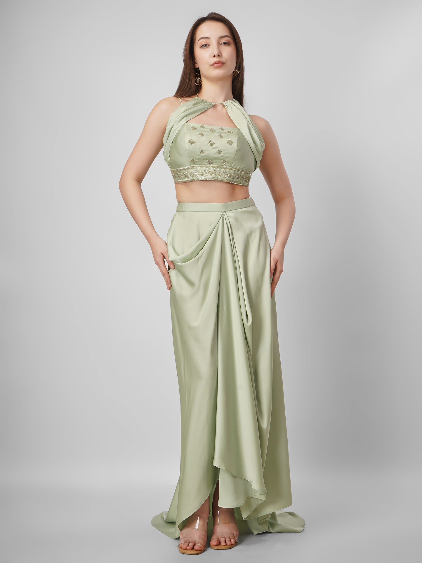 Sage Green Satin Draped Skirt Set with Embellished Halter Top
