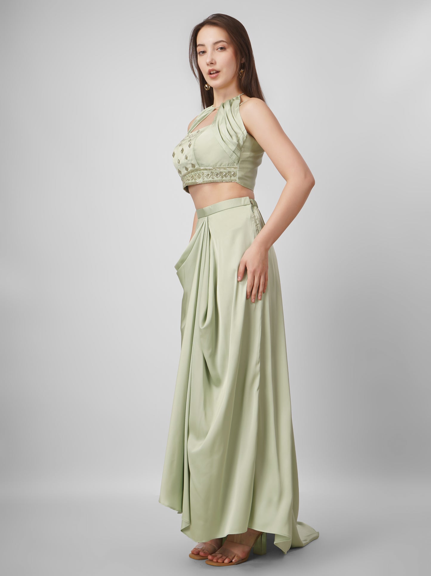 Sage Green Satin Draped Skirt Set with Embellished Halter Top