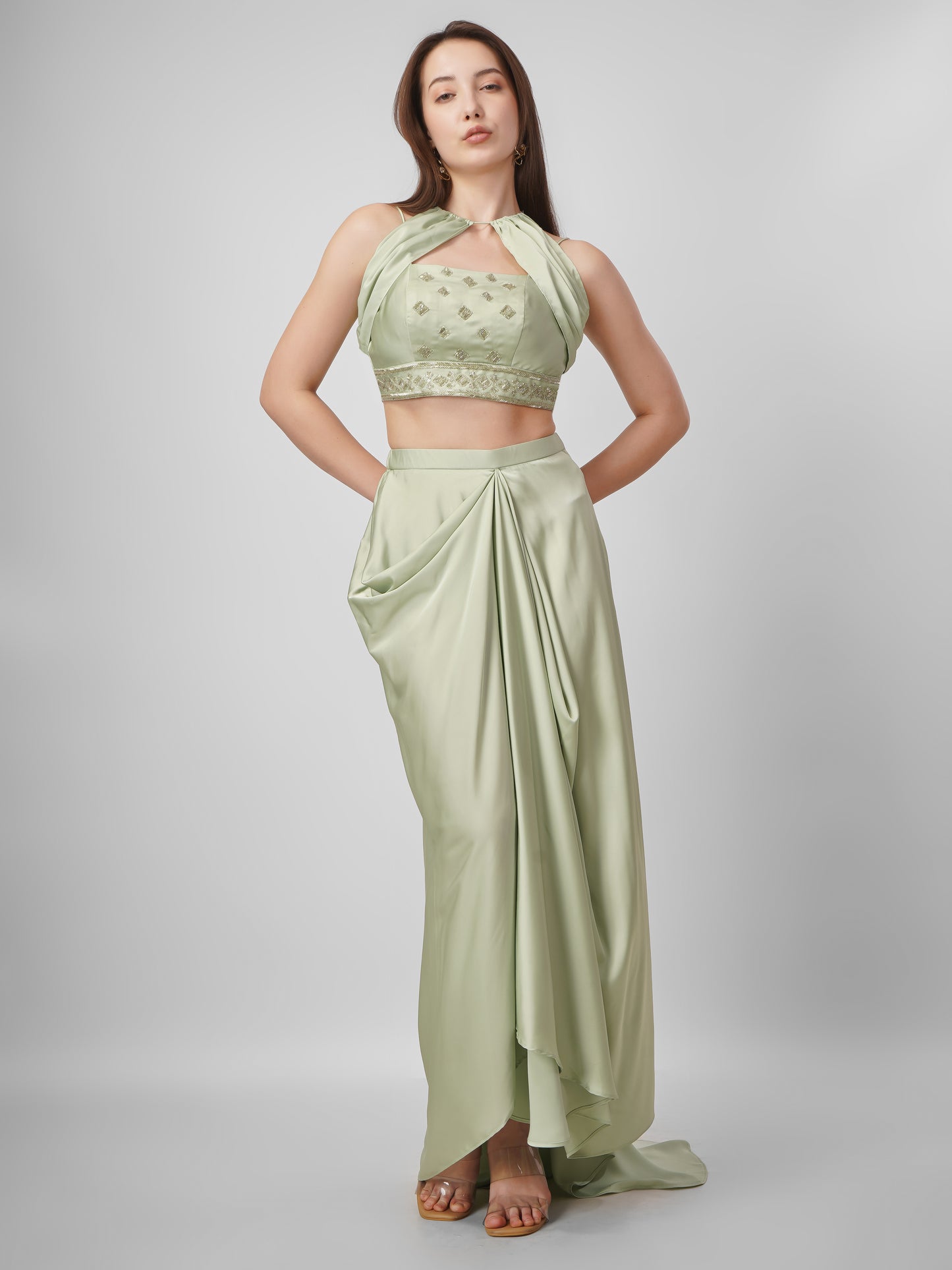 Sage Green Satin Draped Skirt Set with Embellished Halter Top