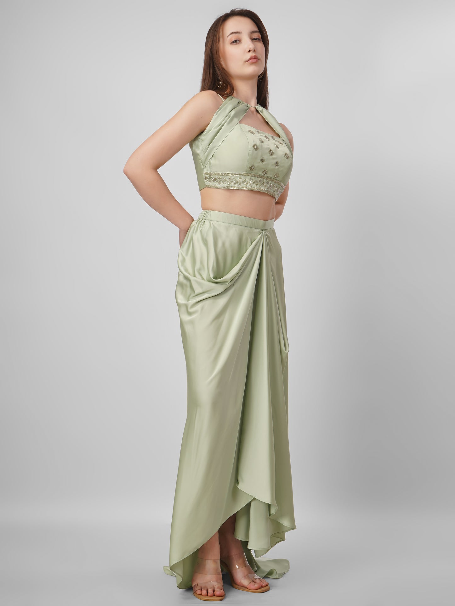 Sage Green Satin Draped Skirt Set with Embellished Halter Top
