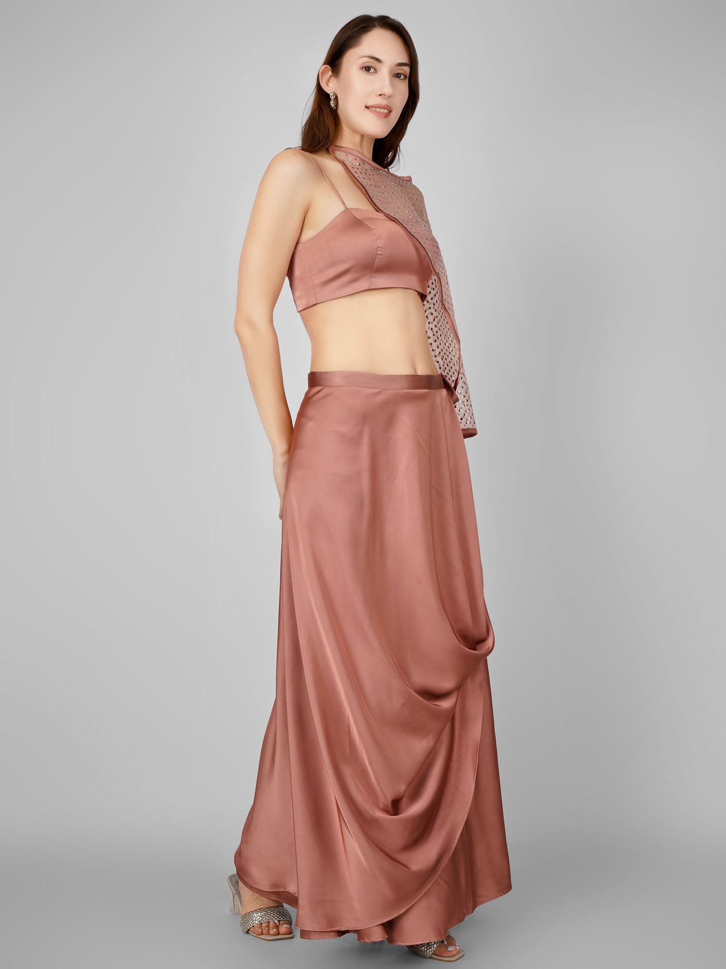 Blush Satin Draped Skirt & Top Set