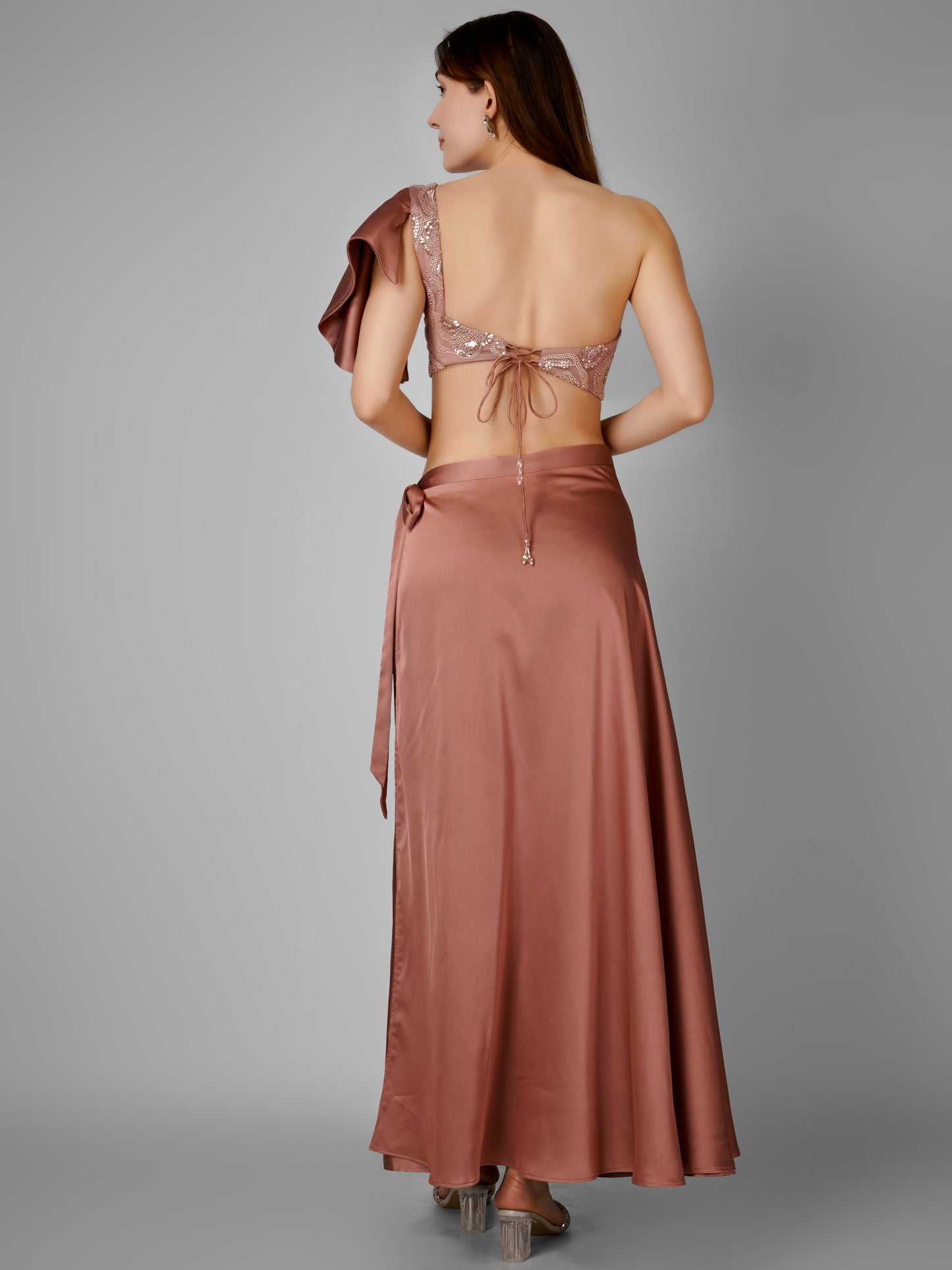 Rose Pink Satin Wrap Skirt with Embellished One-Shoulder Top