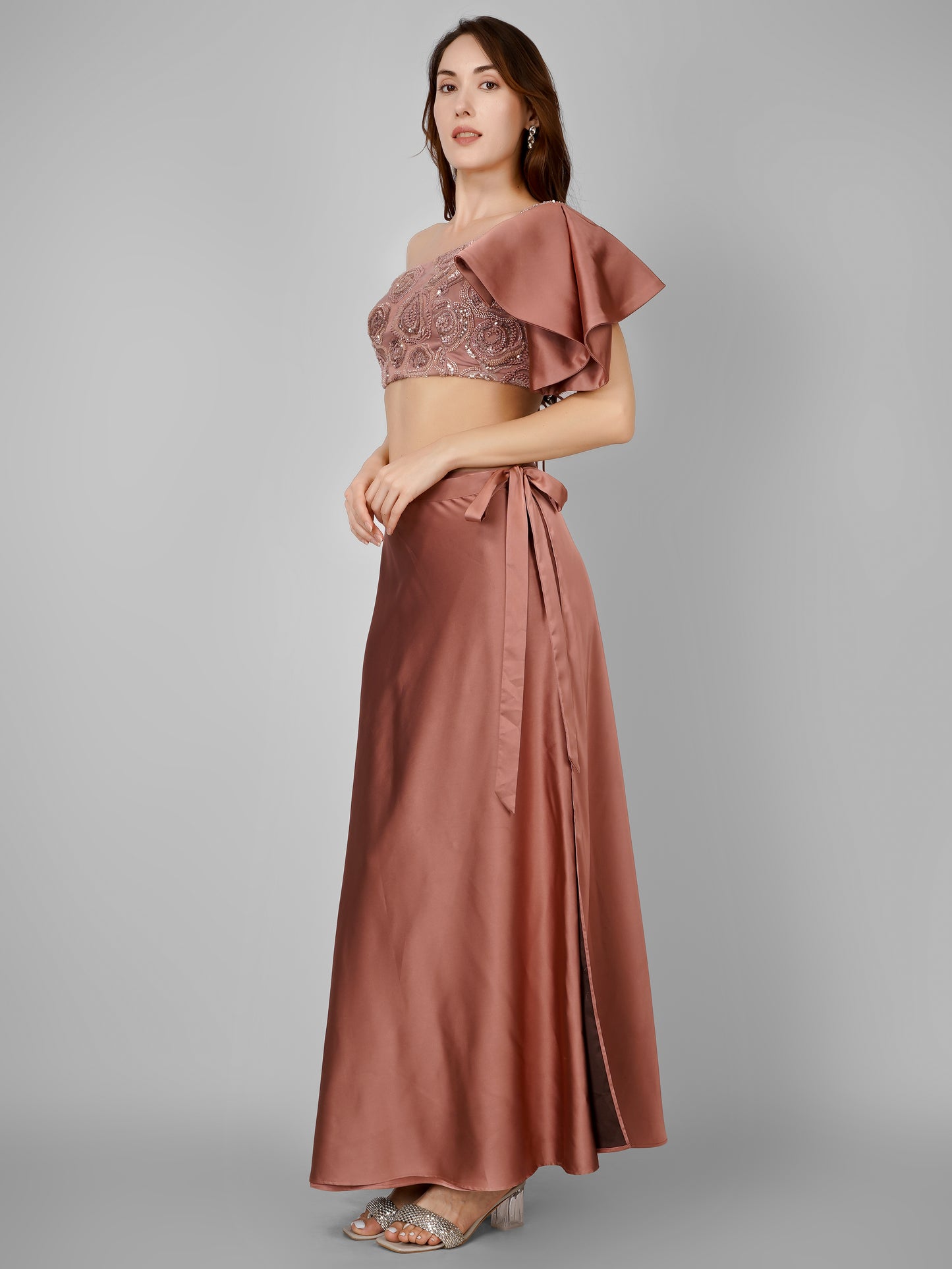 Rose Pink Satin Wrap Skirt with Embellished One-Shoulder Top