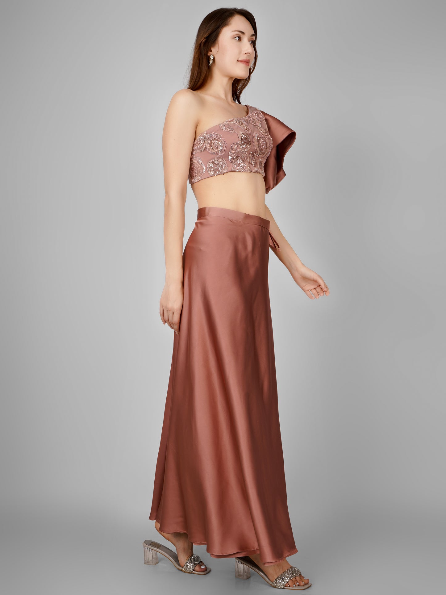 Rose Pink Satin Wrap Skirt with Embellished One-Shoulder Top