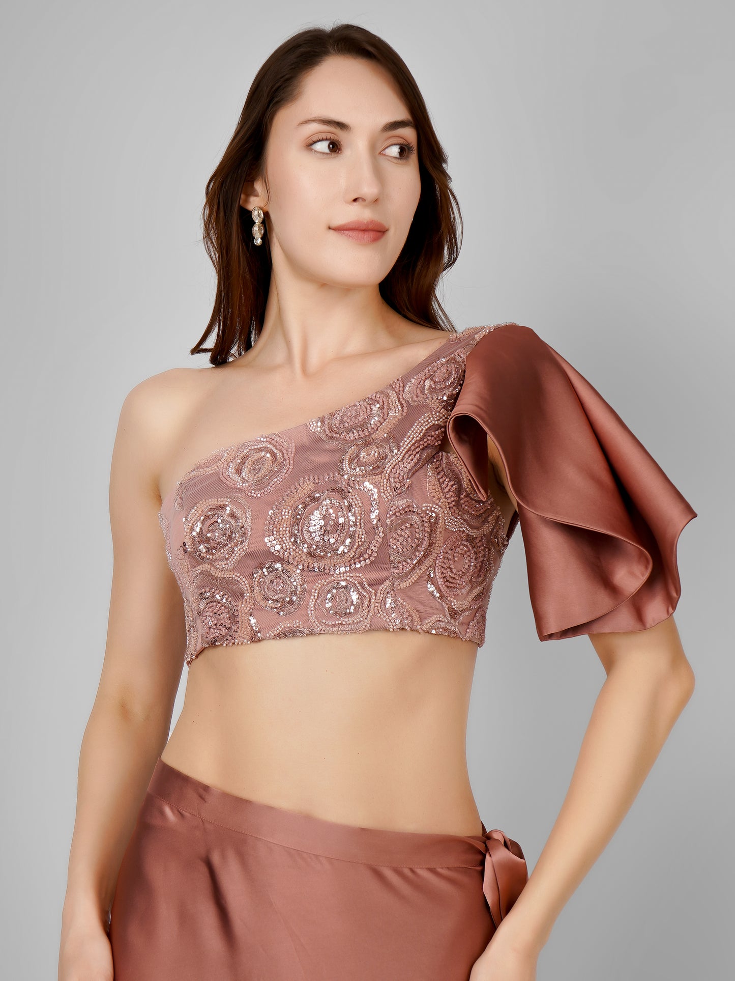 Rose Pink Satin Wrap Skirt with Embellished One-Shoulder Top