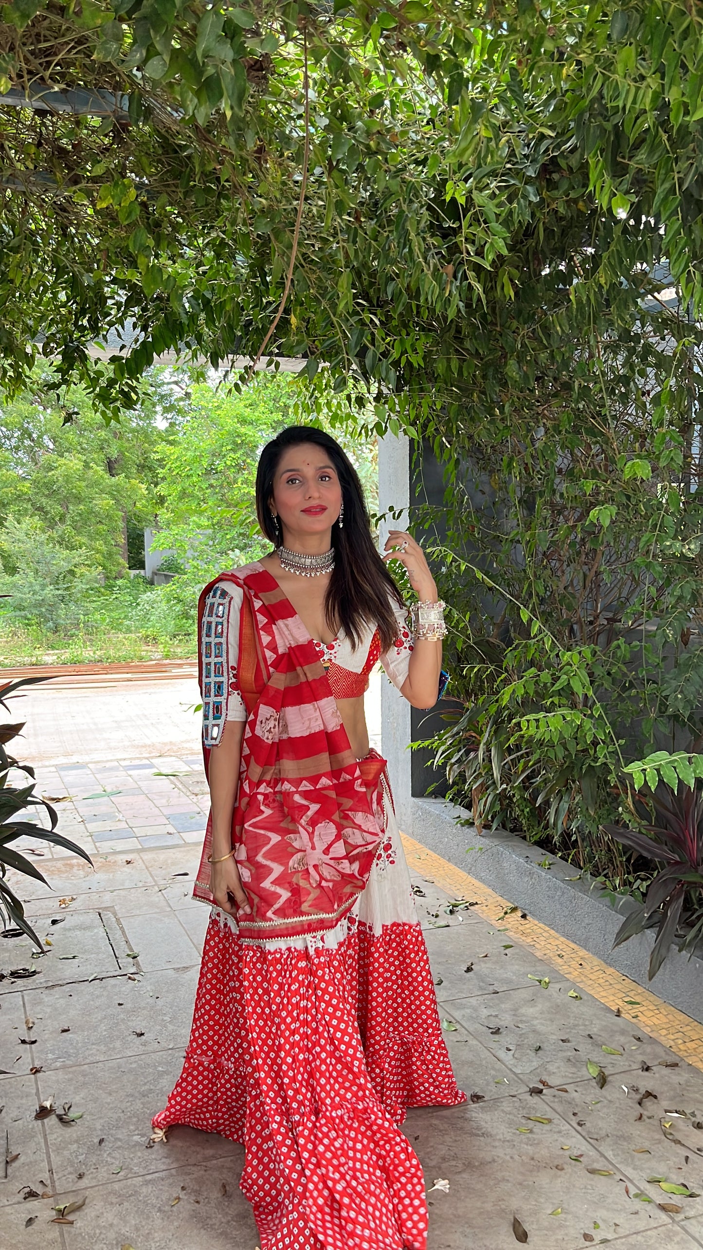 Ivory & Red Printed Lehenga Set with Patchwork Blouse