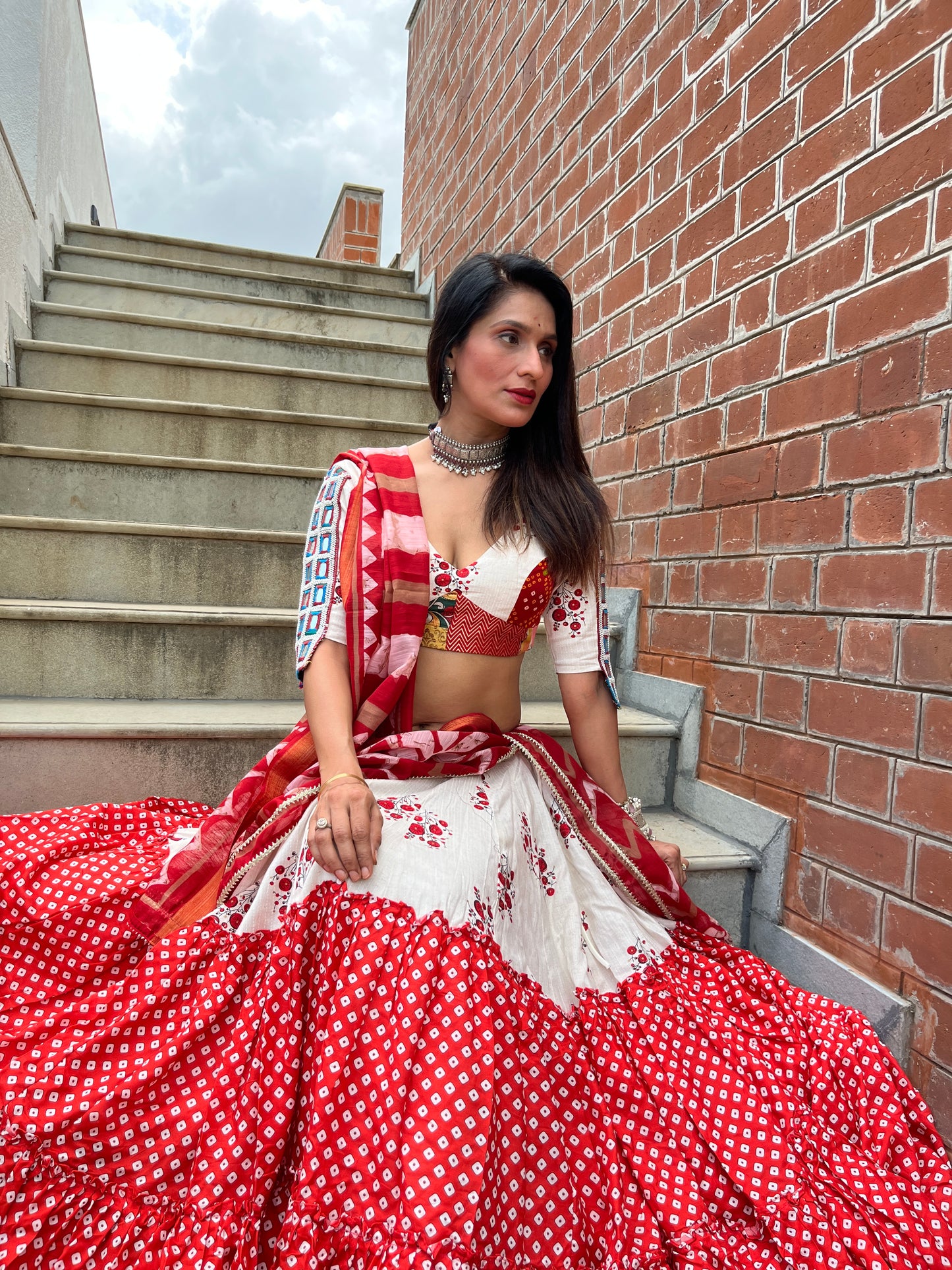 Ivory & Red Printed Lehenga Set with Patchwork Blouse