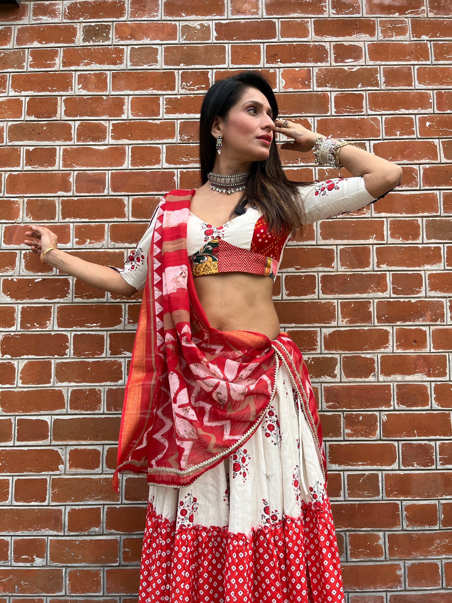 Ivory & Red Printed Lehenga Set with Patchwork Blouse