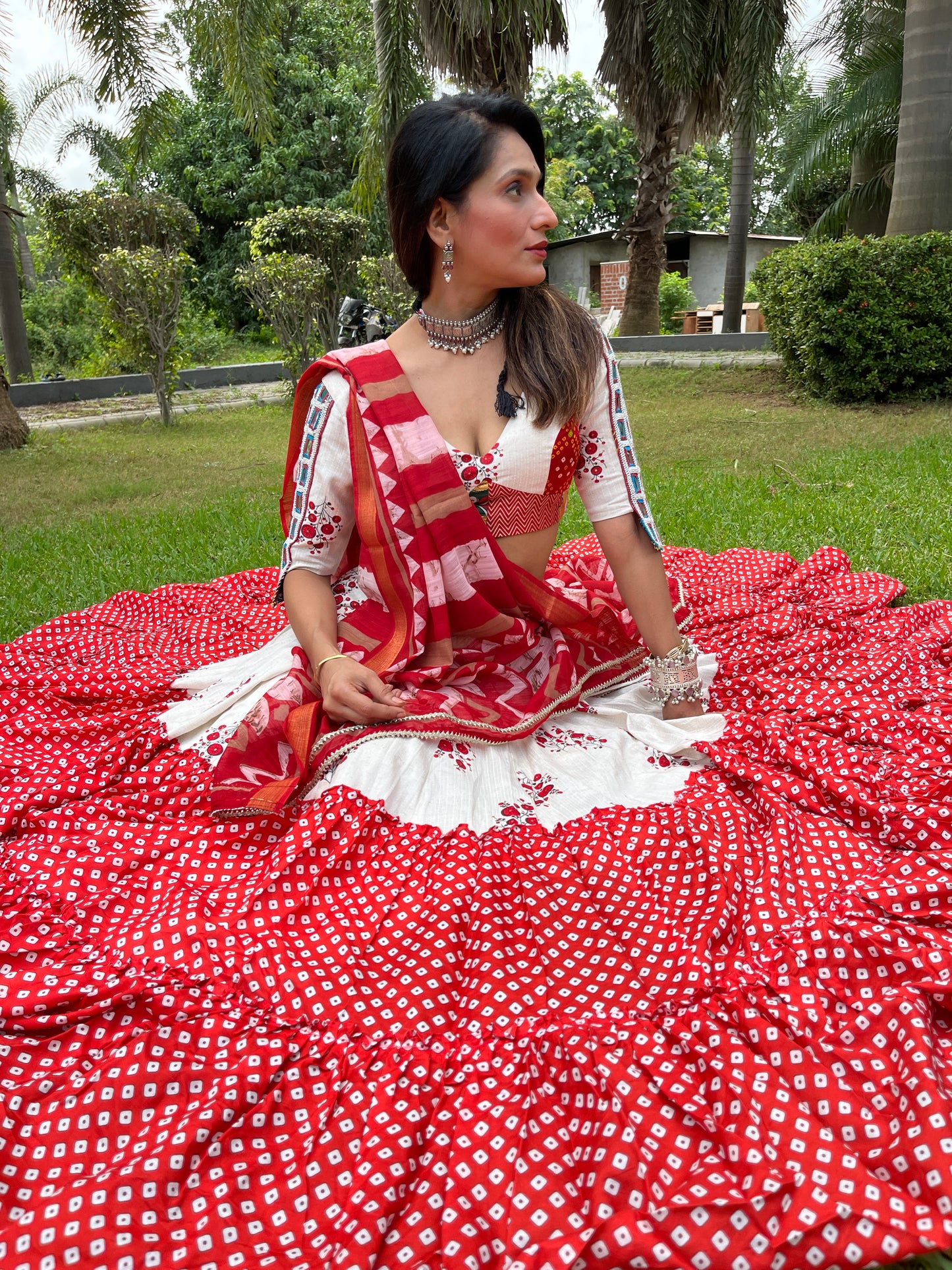 Ivory & Red Printed Lehenga Set with Patchwork Blouse